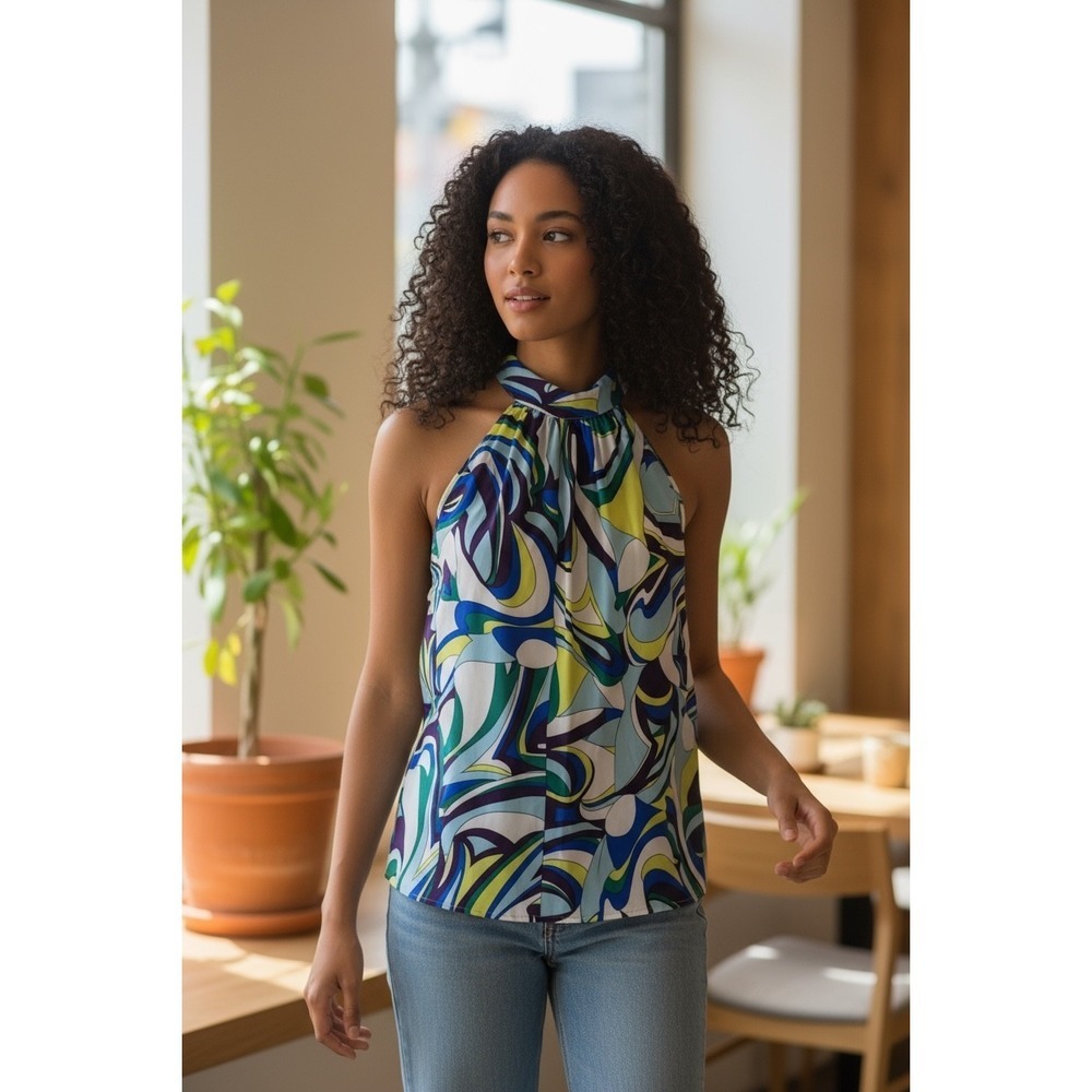 Express Women's Halter‎ Top Multicolor Abstract Sleeveless Blouse Size M